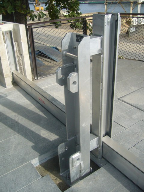 Demountable flood barriers installed in Paris city quarters near the Seine River